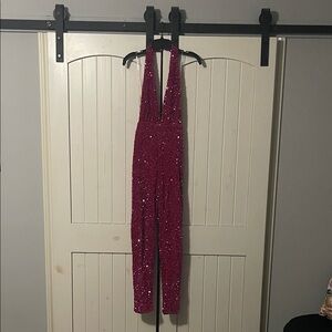 Sequin Halter Jumpsuit in Hot Pink